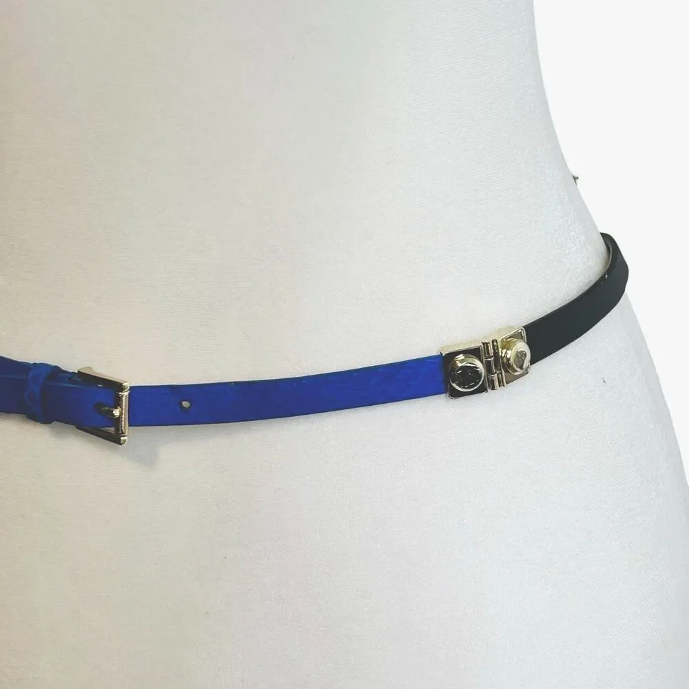 J.Crew Skinny Leather Belt Blue Black Hinge Details Sz Large Accent Preppy EUC - Picture 2 of 12